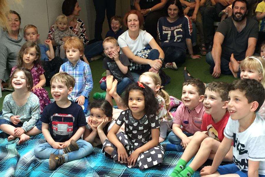 kids and adults entertained by mr banana head